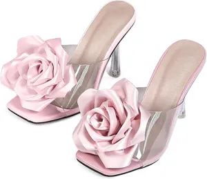 Women’s Kitten Heels Sandals Square Open Toe Mules Clear Slip On Flower Wedding Dress Shoes