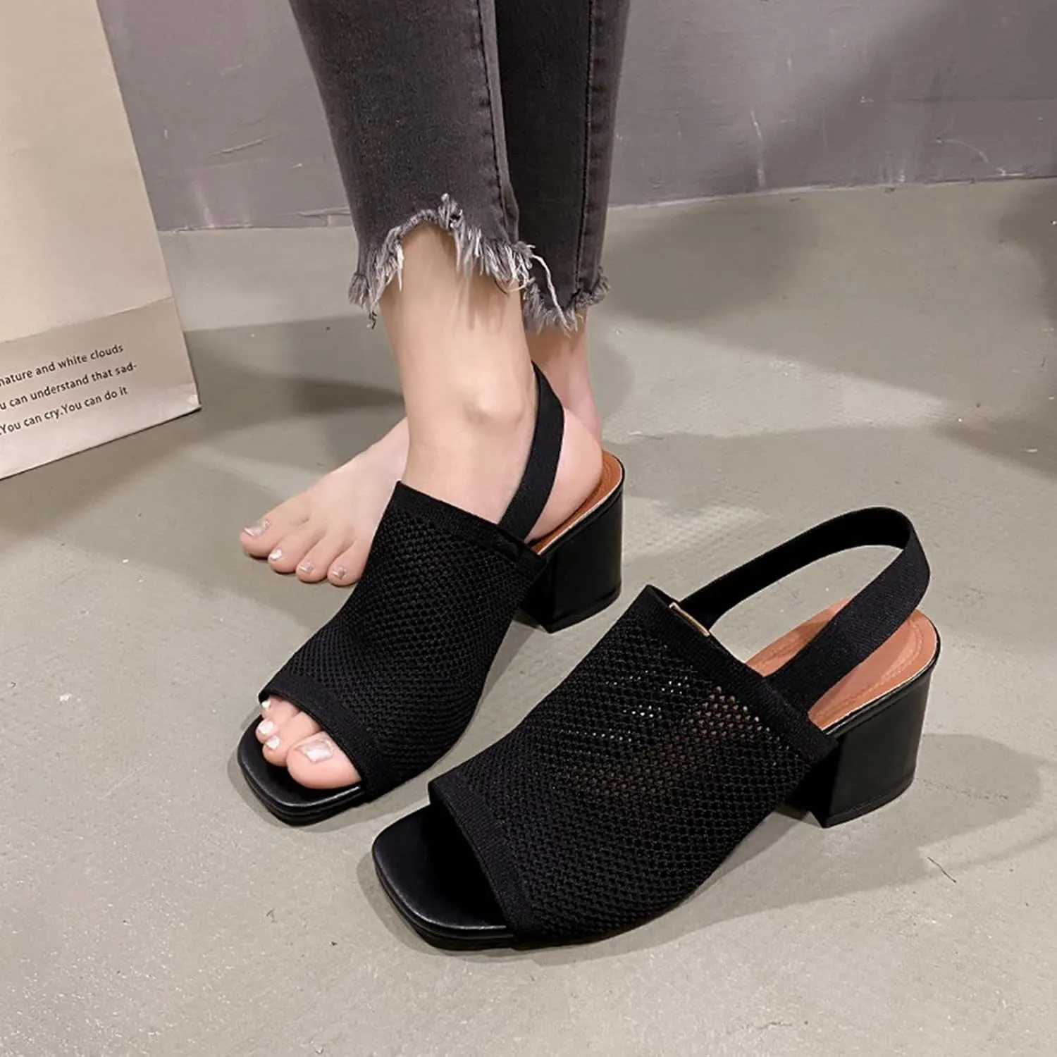 Women's Knit Peep Toe Chunky Block Heeled Sandals with Ankle Strap Fashion Cut Out Open Square Toe Backless Slip On High Heels Summer Casual Work Office Wedding Dressy Pumps