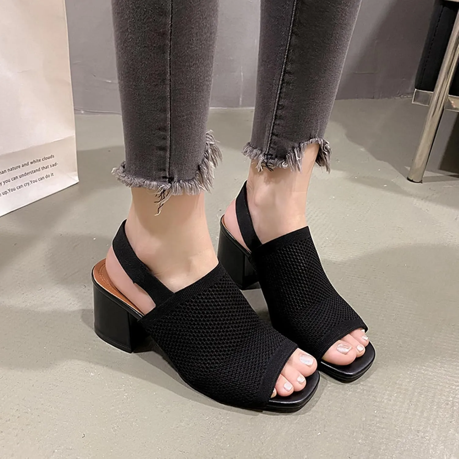 Women's Knit Peep Toe Chunky Block Heeled Sandals with Ankle Strap Fashion Cut Out Open Square Toe Backless Slip On High Heels Summer Casual Work Office Wedding Dressy Pumps