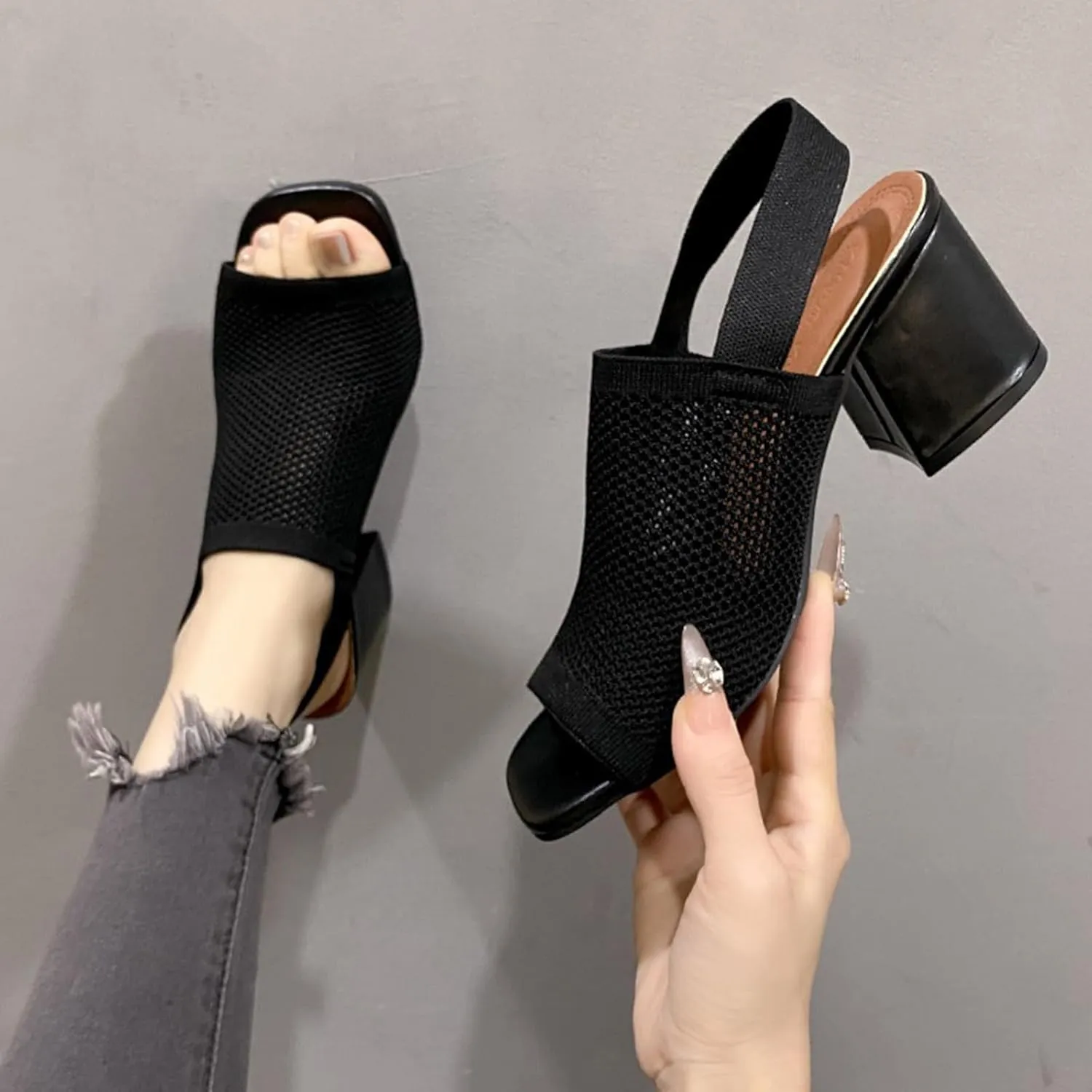 Women's Knit Peep Toe Chunky Block Heeled Sandals with Ankle Strap Fashion Cut Out Open Square Toe Backless Slip On High Heels Summer Casual Work Office Wedding Dressy Pumps