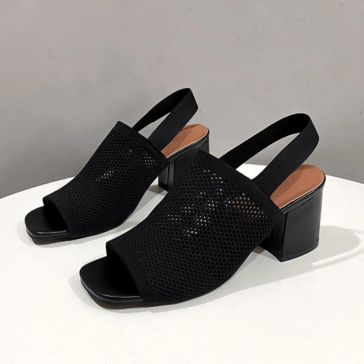 Women's Knit Peep Toe Chunky Block Heeled Sandals with Ankle Strap Fashion Cut Out Open Square Toe Backless Slip On High Heels Summer Casual Work Office Wedding Dressy Pumps