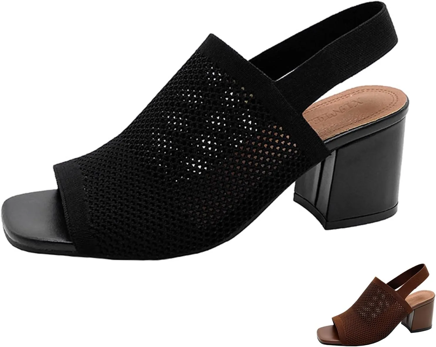 Women's Knit Peep Toe Chunky Block Heeled Sandals with Ankle Strap Fashion Cut Out Open Square Toe Backless Slip On High Heels Summer Casual Work Office Wedding Dressy Pumps