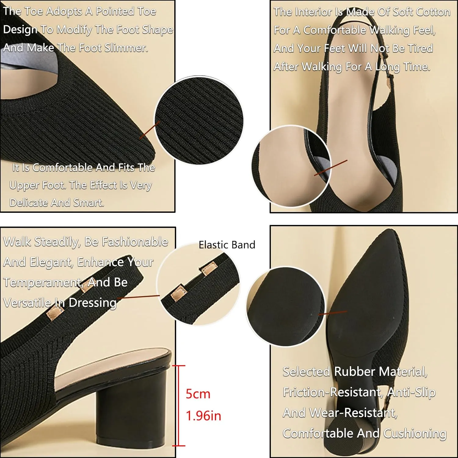 Women's Knitted Pointed Toe Slingback Pumps Fashion Elastic Band Backless Low Chunky Heels Comfort Dress Sandals Casual Slip-on Party Formal Work Shoes