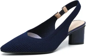 Women's Knitted Pointed Toe Slingback Pumps Fashion Elastic Band Backless Low Chunky Heels Comfort Dress Sandals Casual Slip-on Party Formal Work Shoes