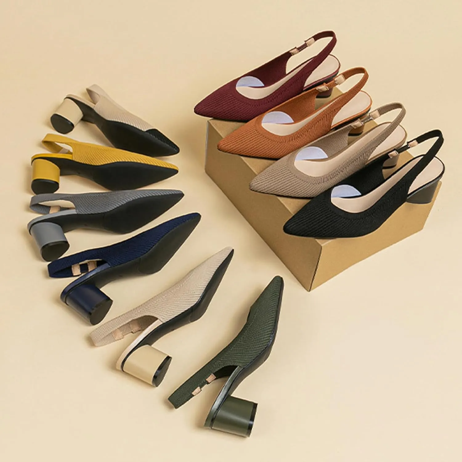 Women's Knitted Pointed Toe Slingback Pumps Fashion Elastic Band Backless Low Chunky Heels Comfort Dress Sandals Casual Slip-on Party Formal Work Shoes
