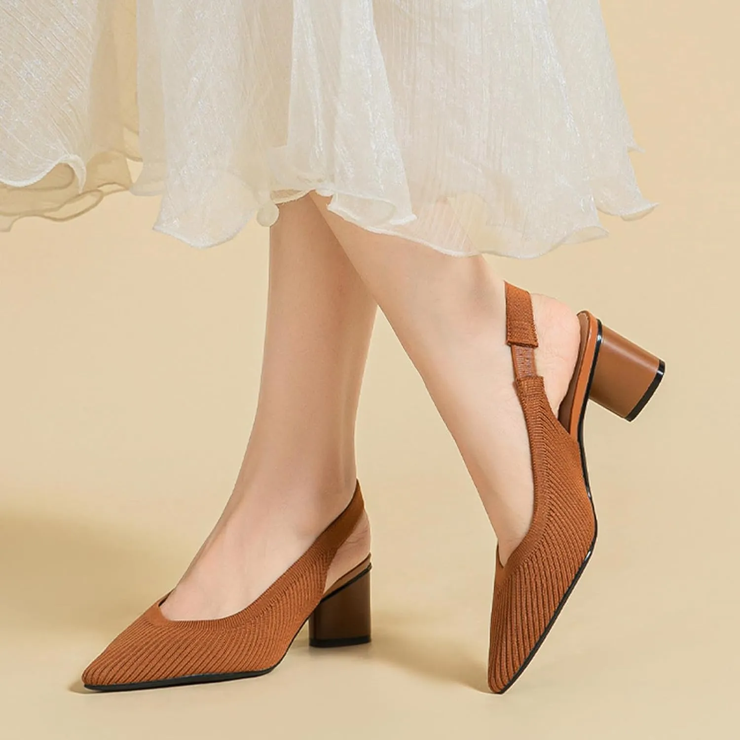 Women's Knitted Pointed Toe Slingback Pumps Fashion Elastic Band Backless Low Chunky Heels Comfort Dress Sandals Casual Slip-on Party Formal Work Shoes