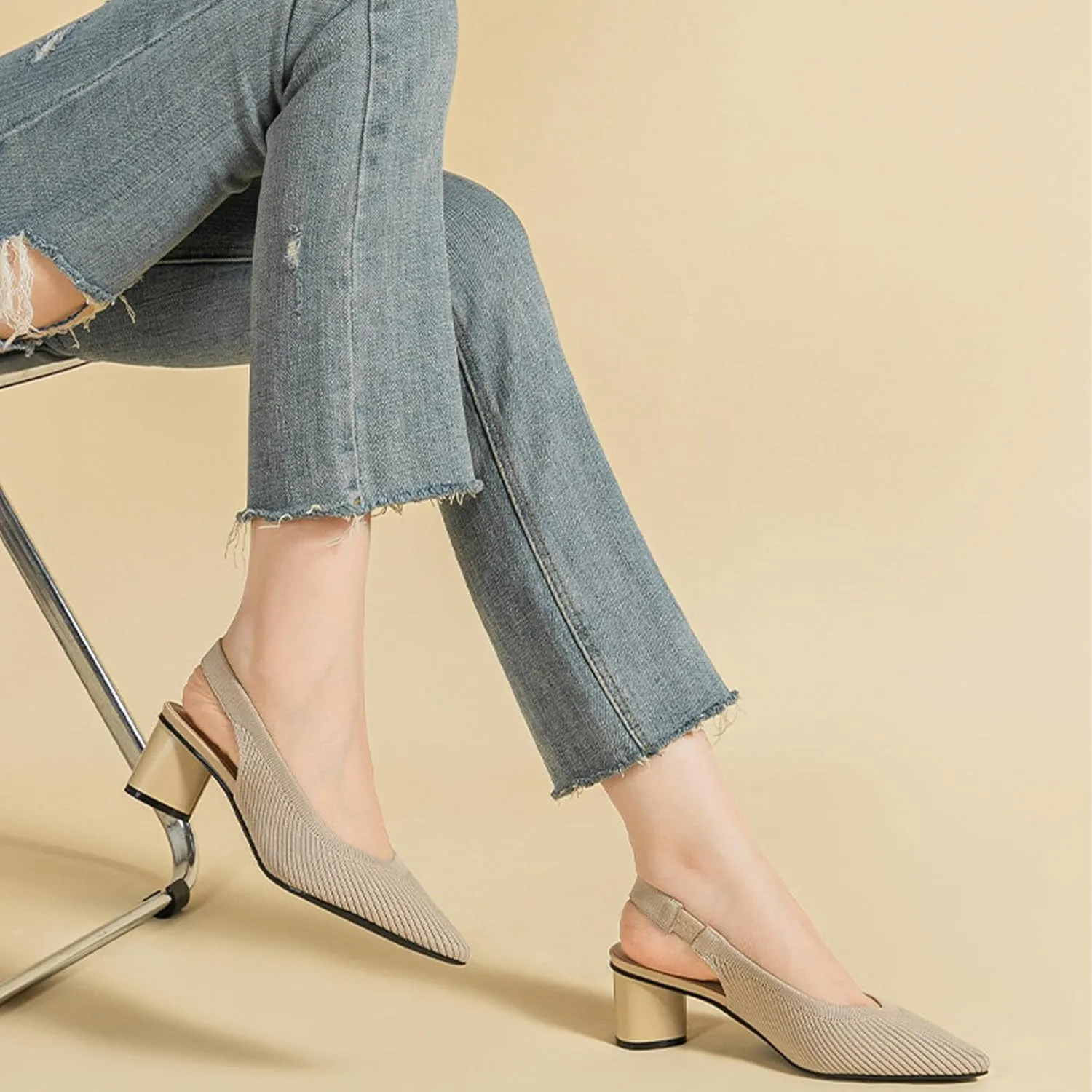 Women's Knitted Pointed Toe Slingback Pumps Fashion Elastic Band Backless Low Chunky Heels Comfort Dress Sandals Casual Slip-on Party Formal Work Shoes