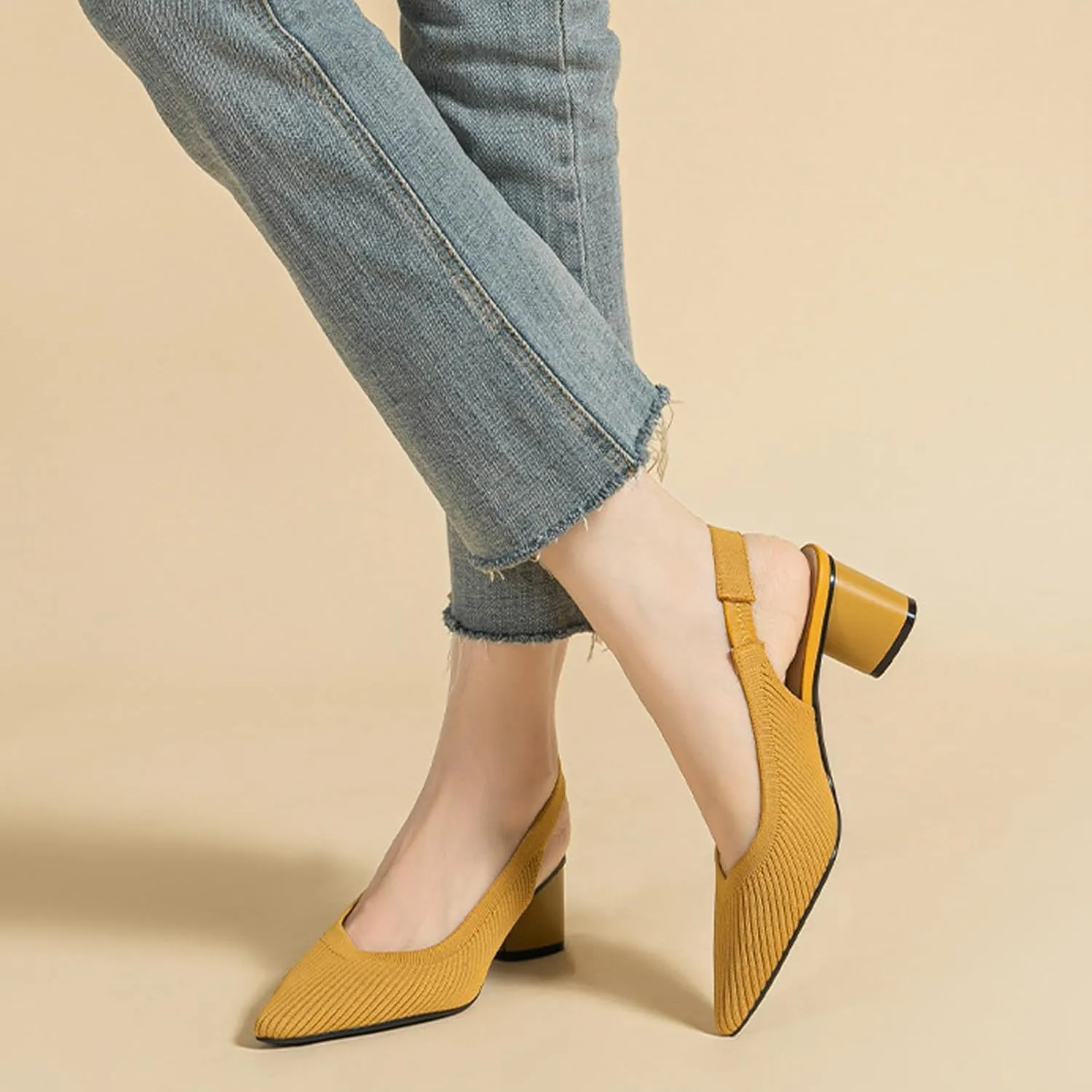 Women's Knitted Pointed Toe Slingback Pumps Fashion Elastic Band Backless Low Chunky Heels Comfort Dress Sandals Casual Slip-on Party Formal Work Shoes