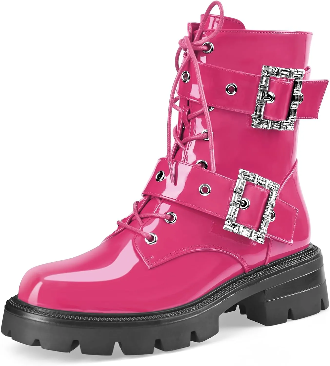 Women's Leather Platform Lug Sole Low Chunky Heel Combat Boots Lace Up Buckles Zipper Fashion Ankle Booties