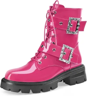 Women's Leather Platform Lug Sole Low Chunky Heel Combat Boots Lace Up Buckles Zipper Fashion Ankle Booties