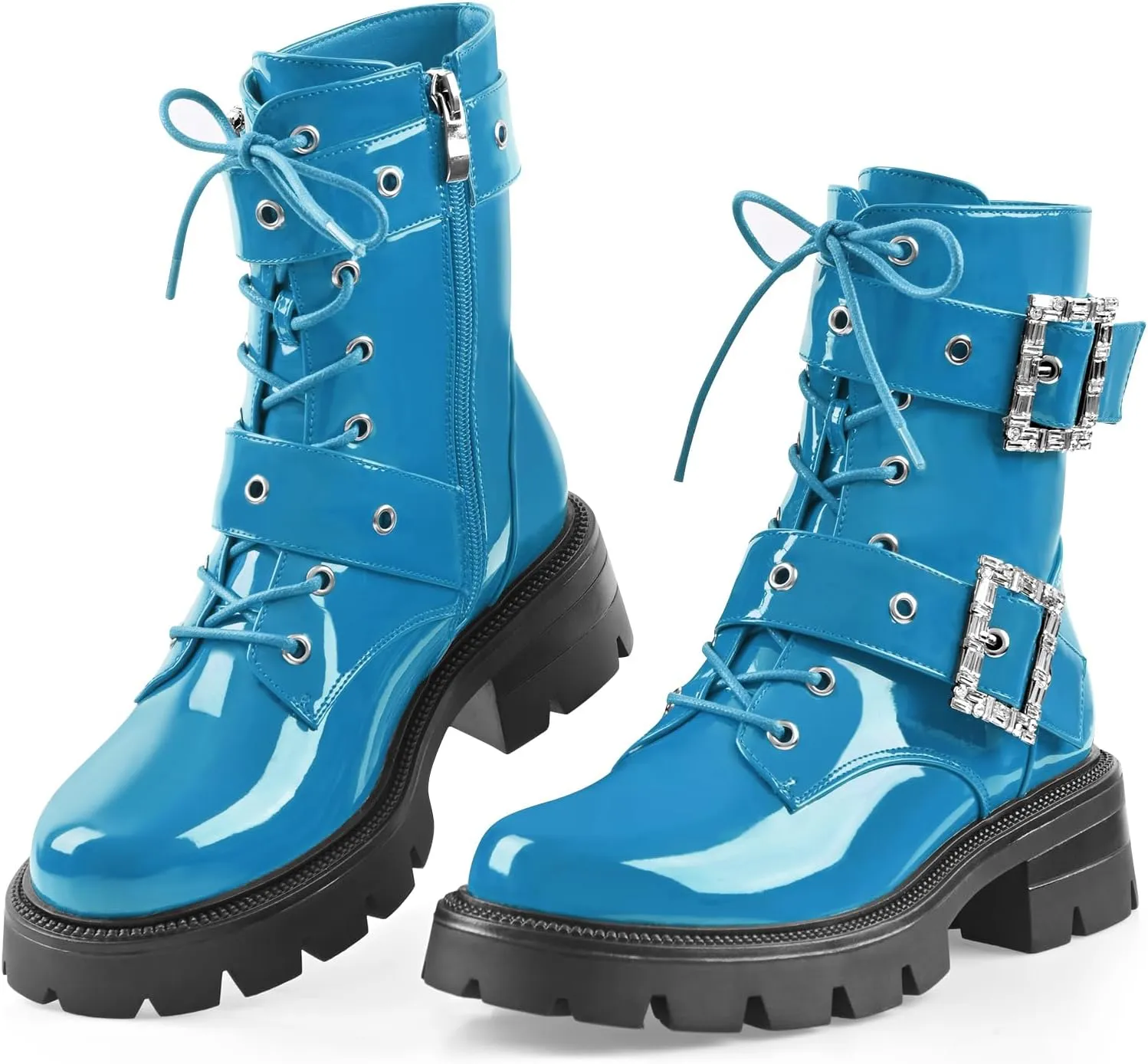 Women's Leather Platform Lug Sole Low Chunky Heel Combat Boots Lace Up Buckles Zipper Fashion Ankle Booties