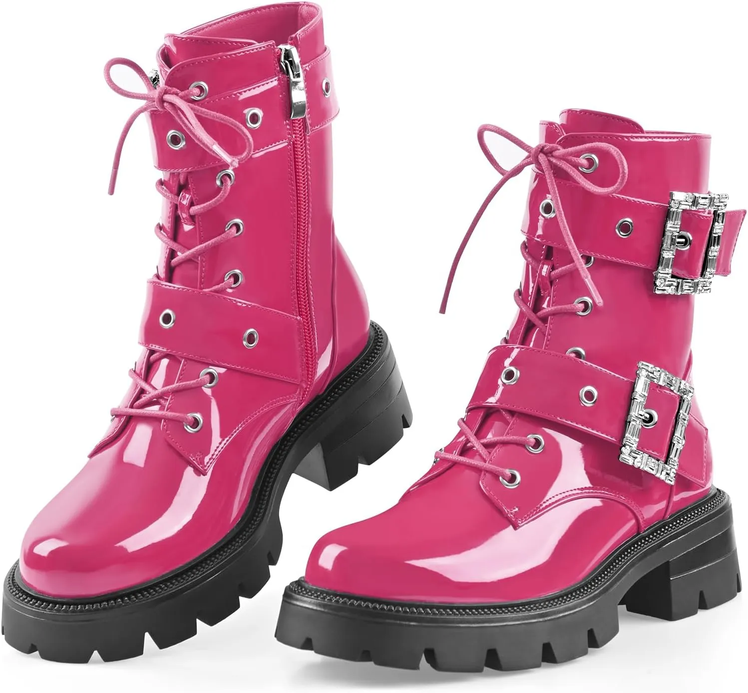 Women's Leather Platform Lug Sole Low Chunky Heel Combat Boots Lace Up Buckles Zipper Fashion Ankle Booties
