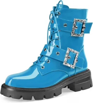 Women's Leather Platform Lug Sole Low Chunky Heel Combat Boots Lace Up Buckles Zipper Fashion Ankle Booties