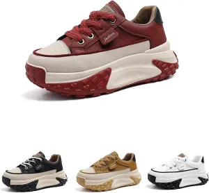 Women's Leather Soft Casual Sneakers,Lace-Up Platform Sneakers,Anti-Slip Shock Absorbing Heighten Fashion Running Sneakers