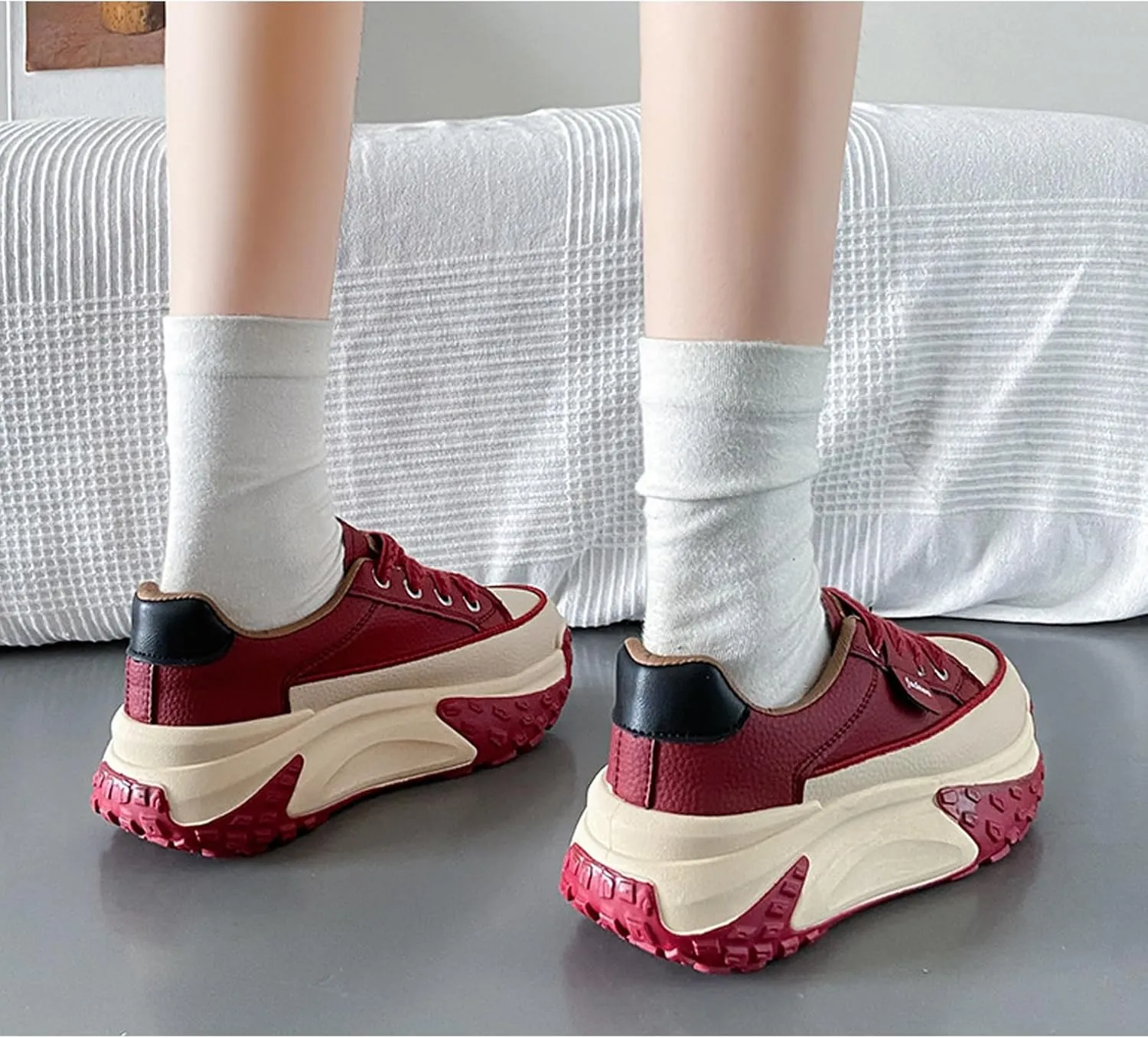 Women's Leather Soft Casual Sneakers,Lace-Up Platform Sneakers,Anti-Slip Shock Absorbing Heighten Fashion Running Sneakers