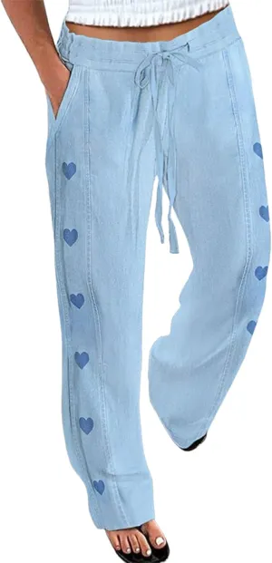 Women's Light Blue Heart Print Drawstring Waist Jogger Pants 2025 Spring Casual Comfortable Daily Pants with Side Pocket