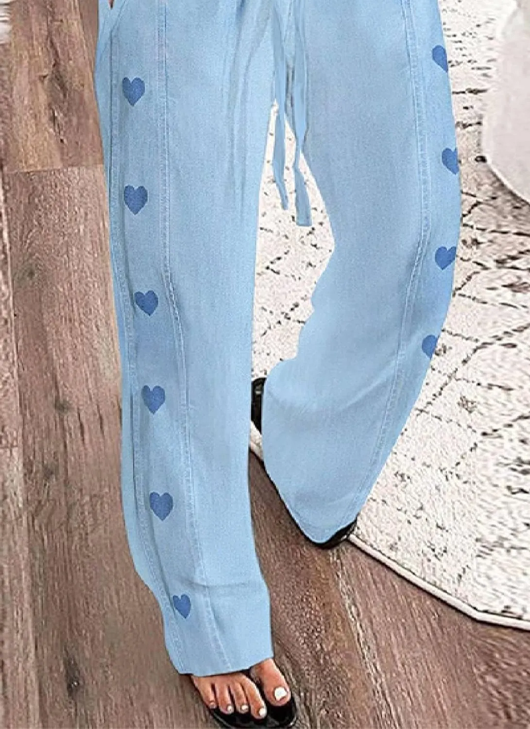 Women's Light Blue Heart Print Drawstring Waist Jogger Pants 2025 Spring Casual Comfortable Daily Pants with Side Pocket