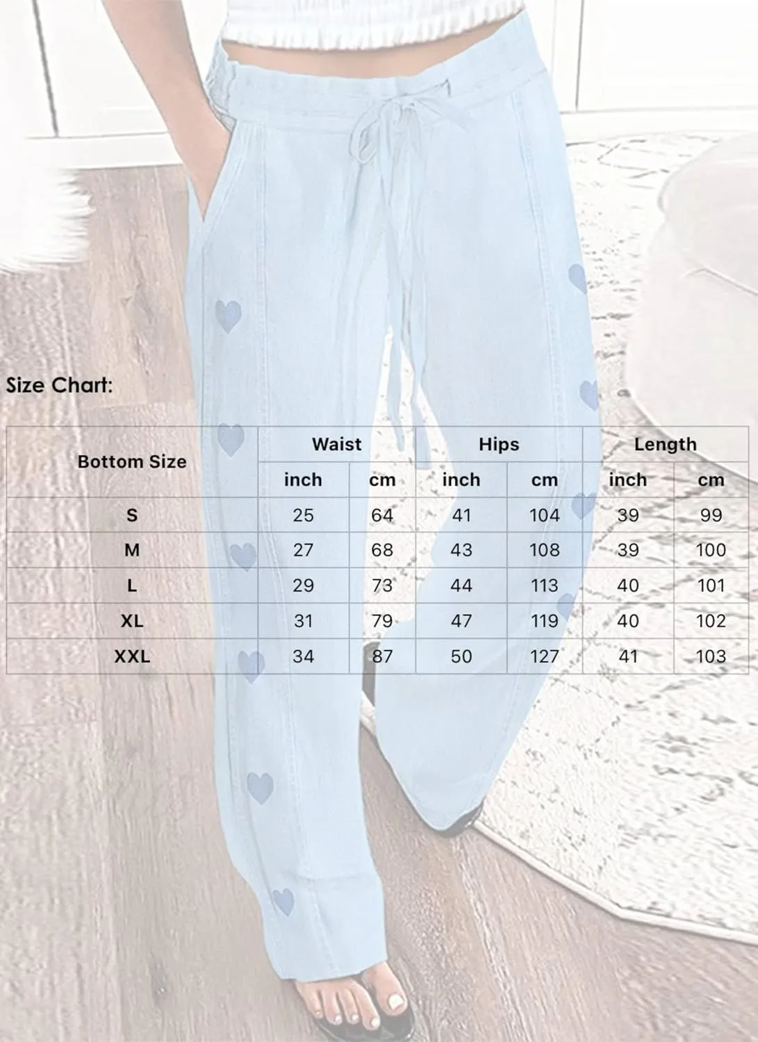 Women's Light Blue Heart Print Drawstring Waist Jogger Pants 2025 Spring Casual Comfortable Daily Pants with Side Pocket