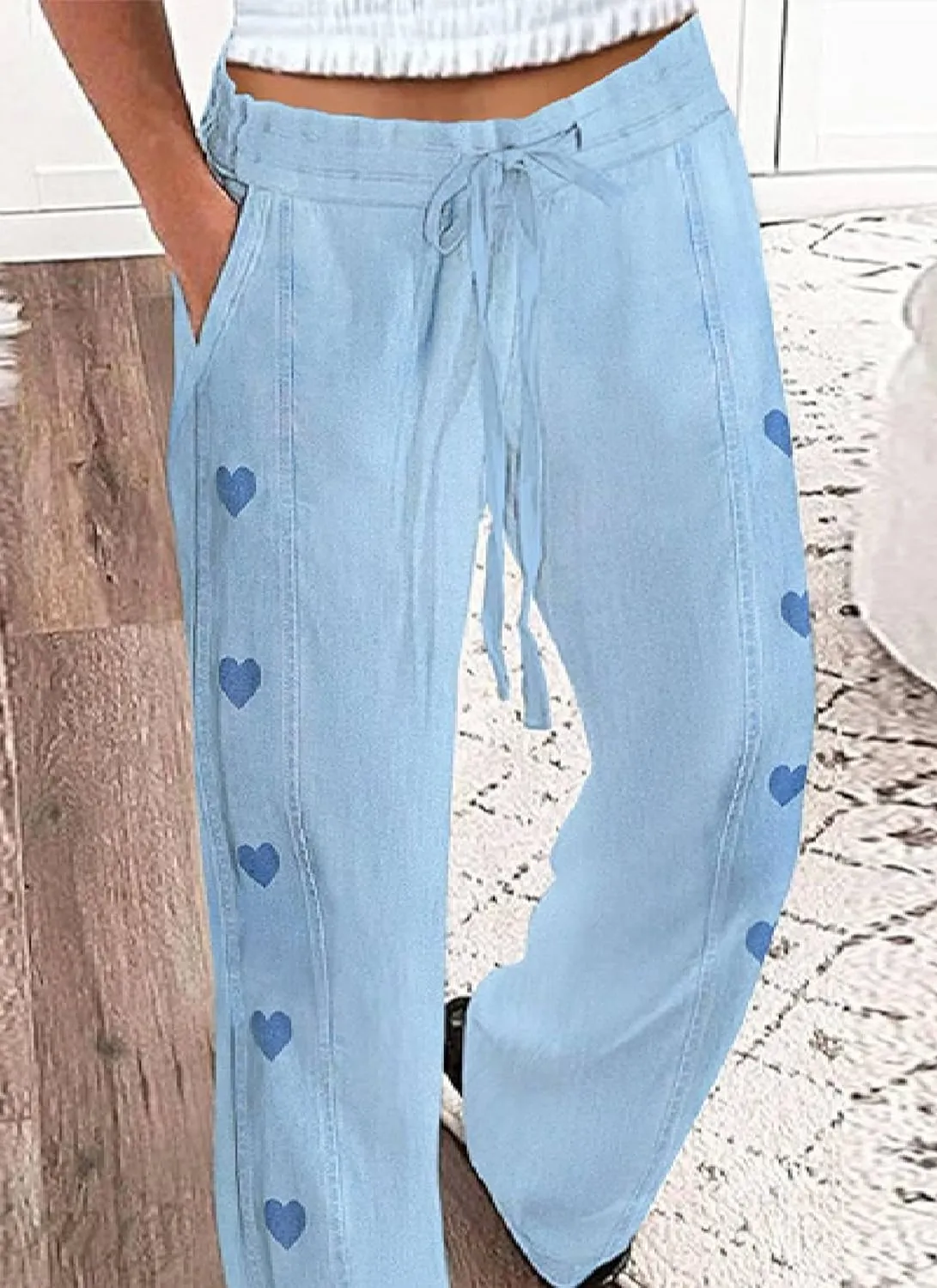 Women's Light Blue Heart Print Drawstring Waist Jogger Pants 2025 Spring Casual Comfortable Daily Pants with Side Pocket