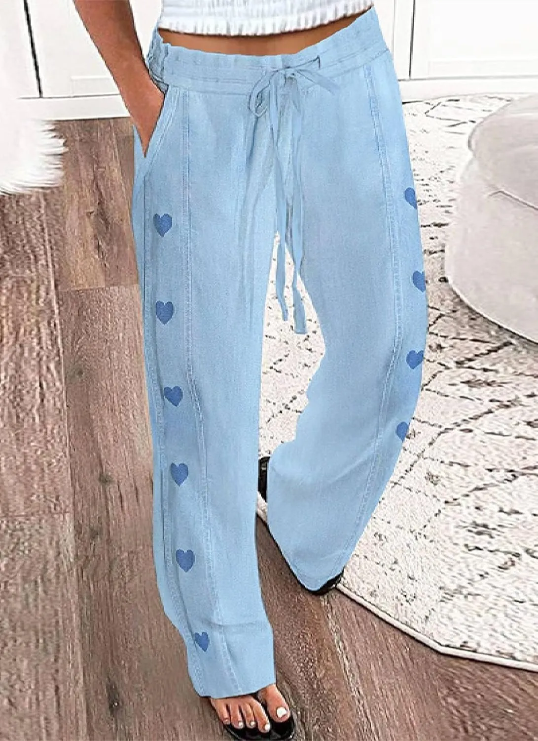 Women's Light Blue Heart Print Drawstring Waist Jogger Pants 2025 Spring Casual Comfortable Daily Pants with Side Pocket
