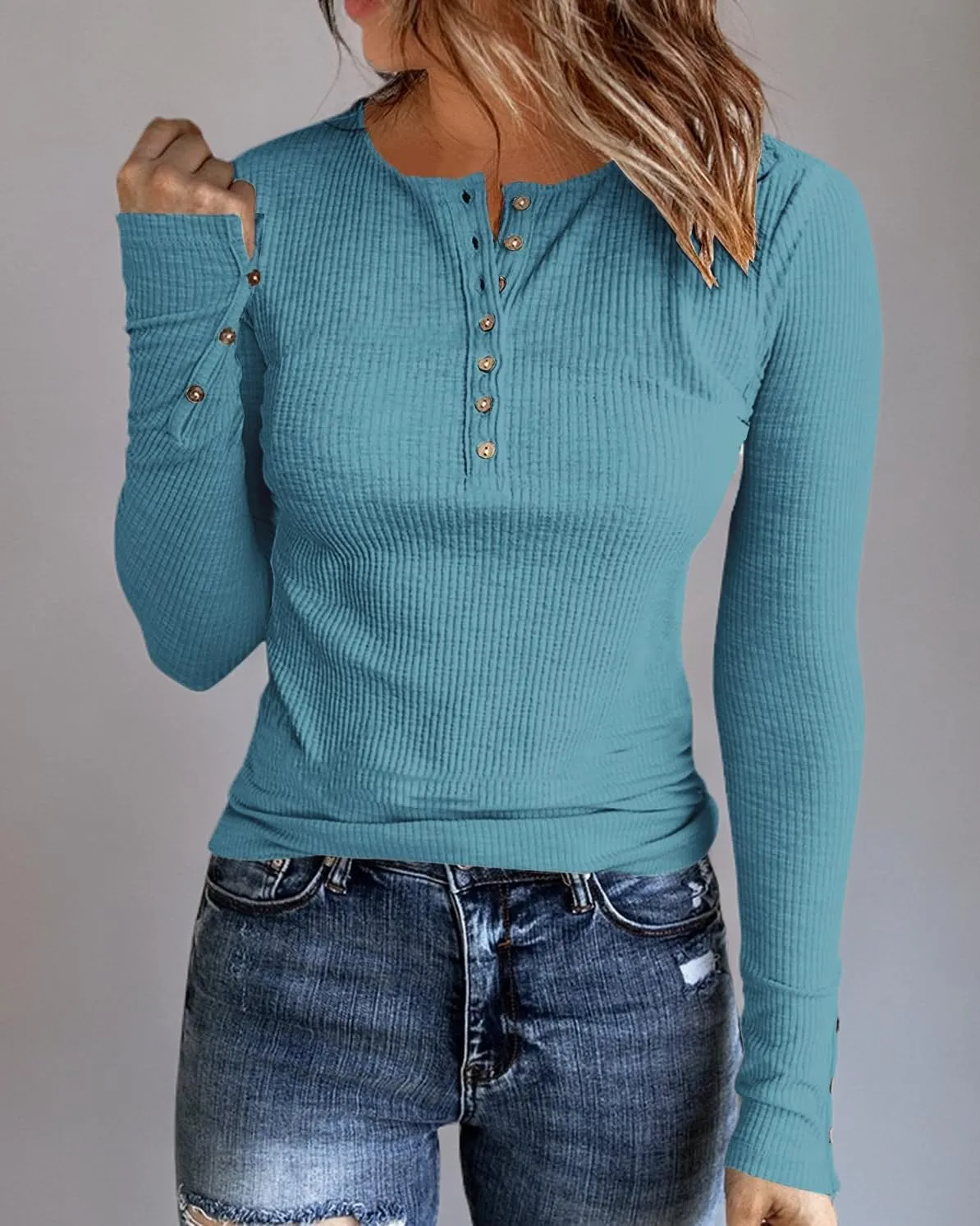 Womens Long Sleeves Ribbed Knit Tunic Shirts Scoop Neck Button Down Tops Casual Henley Tee Shirt Slim Fit Blouses