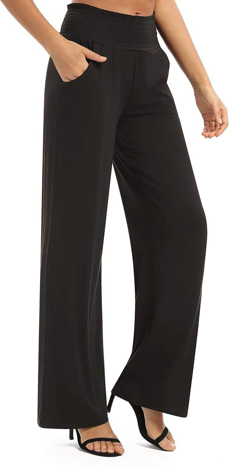 Women's Loose Straight Leg Palazzo Pants High Elastic Waist Causal Trousers with Pockets