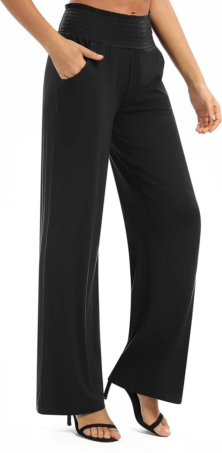 Women's Loose Straight Leg Palazzo Pants High Elastic Waist Causal Trousers with Pockets