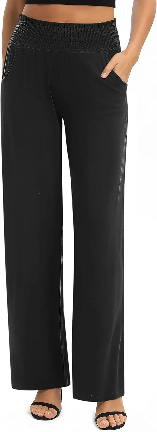 Women's Loose Straight Leg Palazzo Pants High Elastic Waist Causal Trousers with Pockets