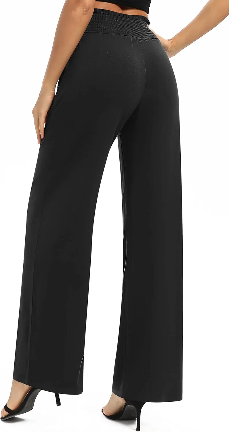Women's Loose Straight Leg Palazzo Pants High Elastic Waist Causal Trousers with Pockets
