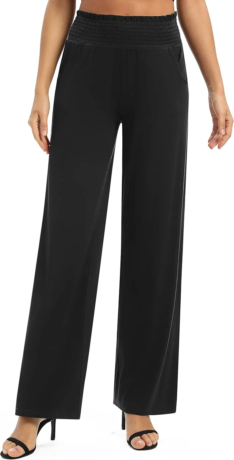 Women's Loose Straight Leg Palazzo Pants High Elastic Waist Causal Trousers with Pockets