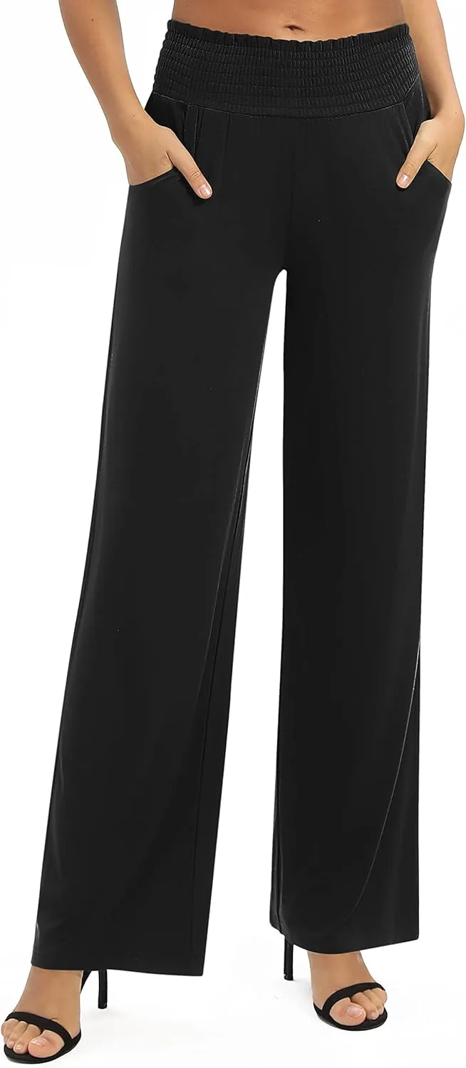 Women's Loose Straight Leg Palazzo Pants High Elastic Waist Causal Trousers with Pockets