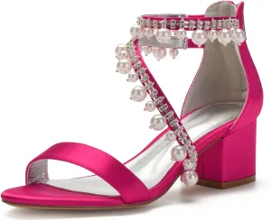 Women's Low Block Heel Sandals Chunky Ankle Strap Satin Pearl Wedding Shoes for Bride Low Heels Formal Prom Party Dress Shoes Comfortable Pump Sandals