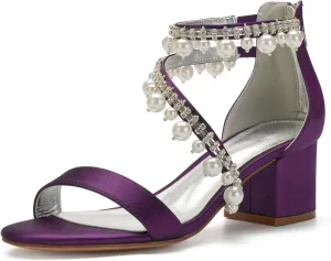 Women's Low Block Heel Sandals Chunky Ankle Strap Satin Pearl Wedding Shoes for Bride Low Heels Formal Prom Party Dress Shoes Comfortable Pump Sandals