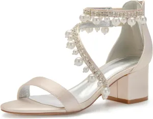 Women's Low Block Heel Sandals Chunky Ankle Strap Satin Pearl Wedding Shoes for Bride Low Heels Formal Prom Party Dress Shoes Comfortable Pump Sandals