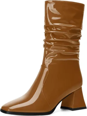 Women's Mid-Calf Boots, Fashionable Square Toe, Mid Heel, Side Zipper, and Slouchy Wrinkled Shaft Booties for Women