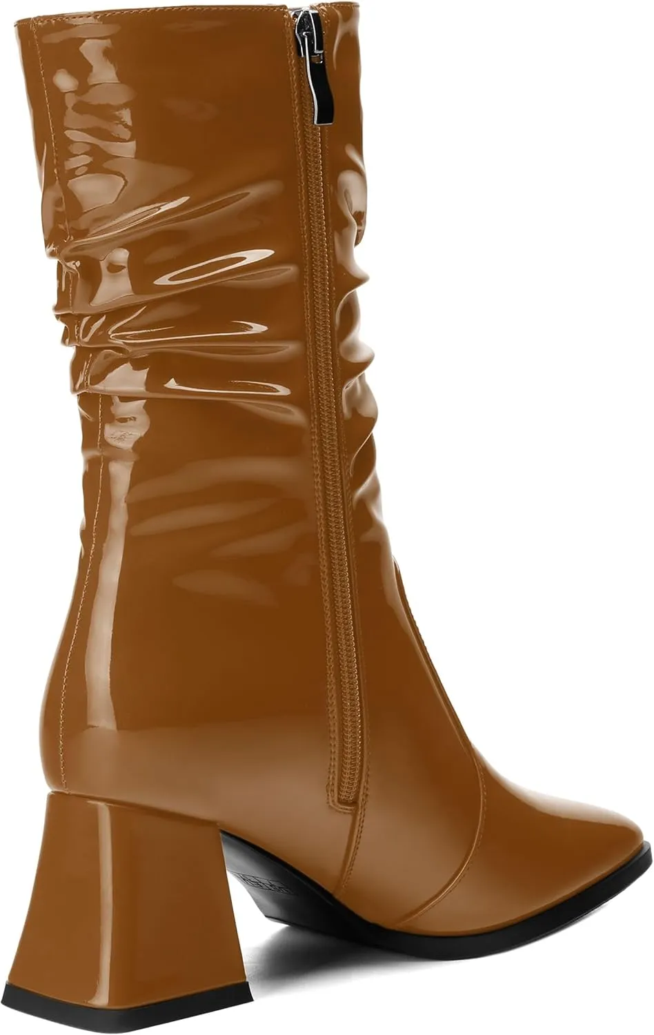 Women's Mid-Calf Boots, Fashionable Square Toe, Mid Heel, Side Zipper, and Slouchy Wrinkled Shaft Booties for Women