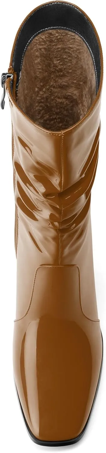 Women's Mid-Calf Boots, Fashionable Square Toe, Mid Heel, Side Zipper, and Slouchy Wrinkled Shaft Booties for Women