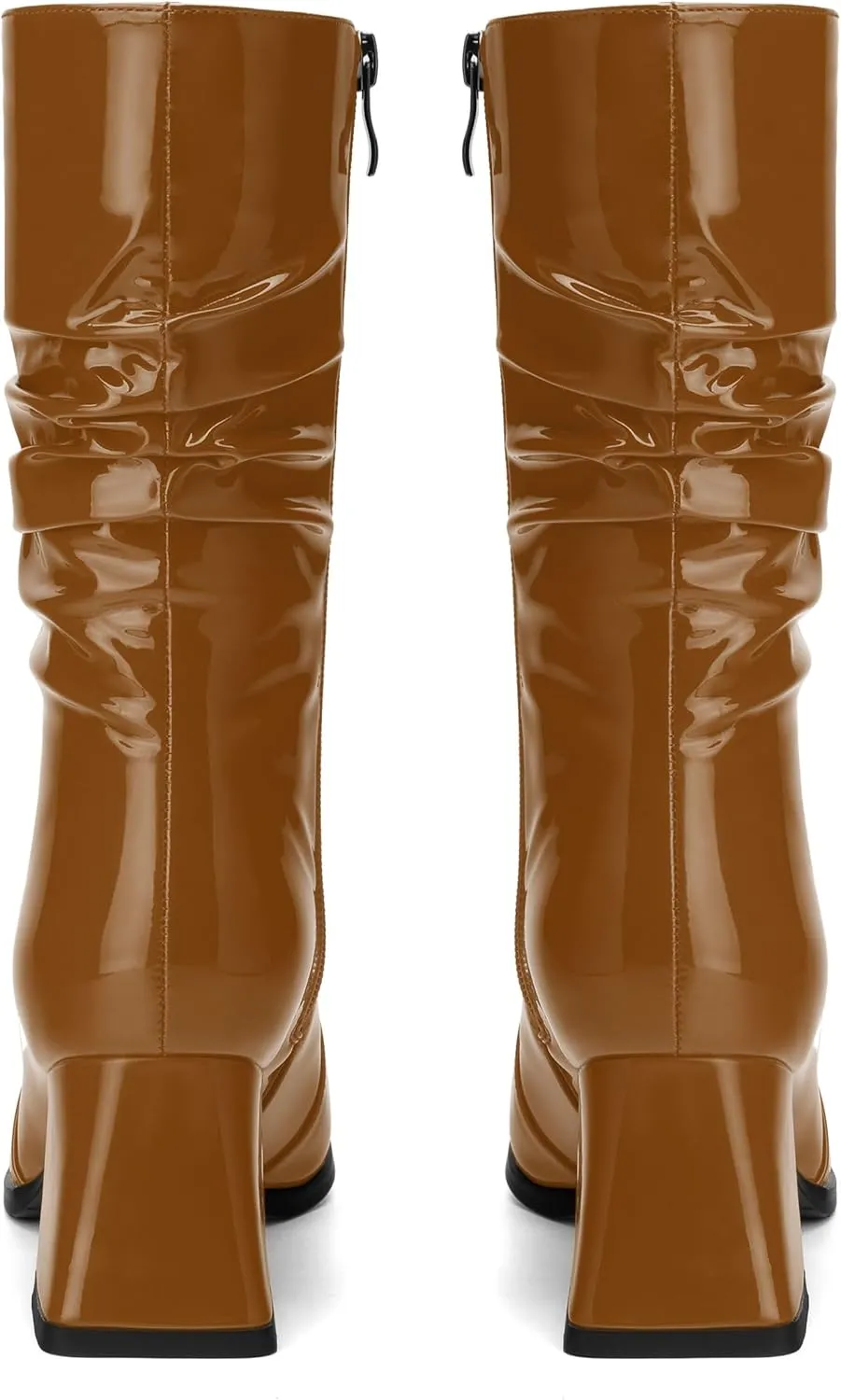 Women's Mid-Calf Boots, Fashionable Square Toe, Mid Heel, Side Zipper, and Slouchy Wrinkled Shaft Booties for Women