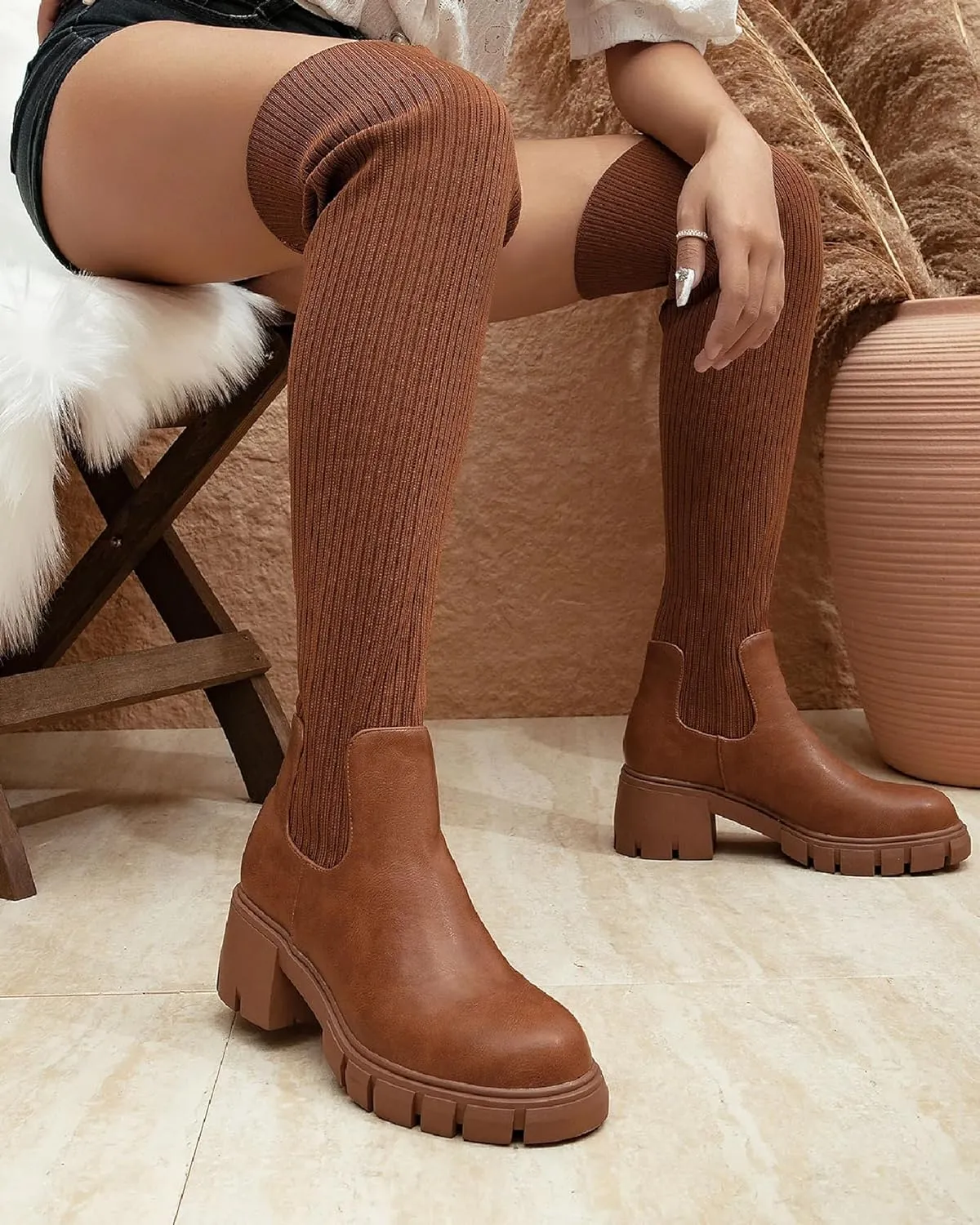 Womens Over Knee Boots Thigh High Stretch Knitted Socks Chunky Block Heel Boots