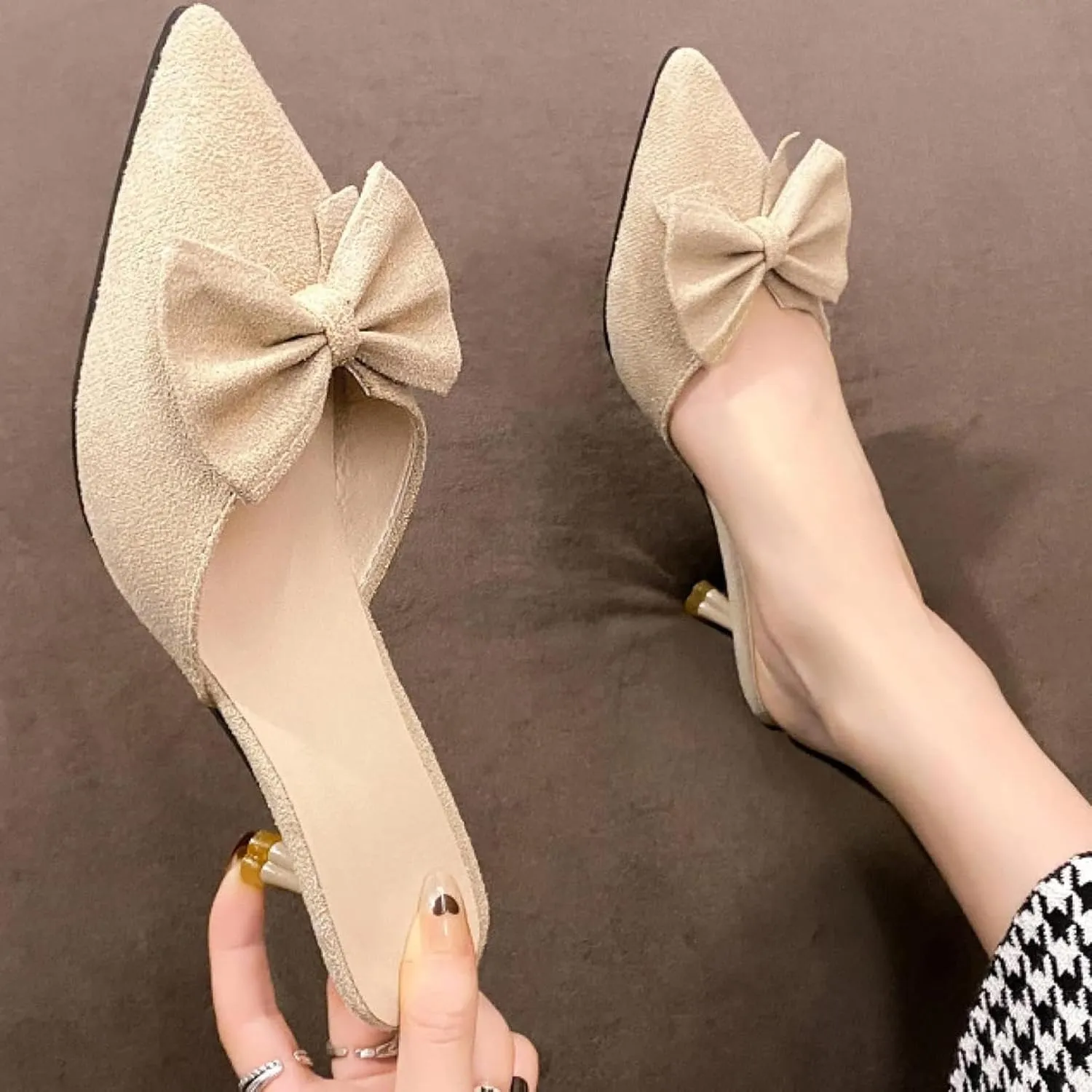 Women's Pointed Mule Sandals, Casual Bow, Kitten High Heels, Backless Outdoor Walking Slippers