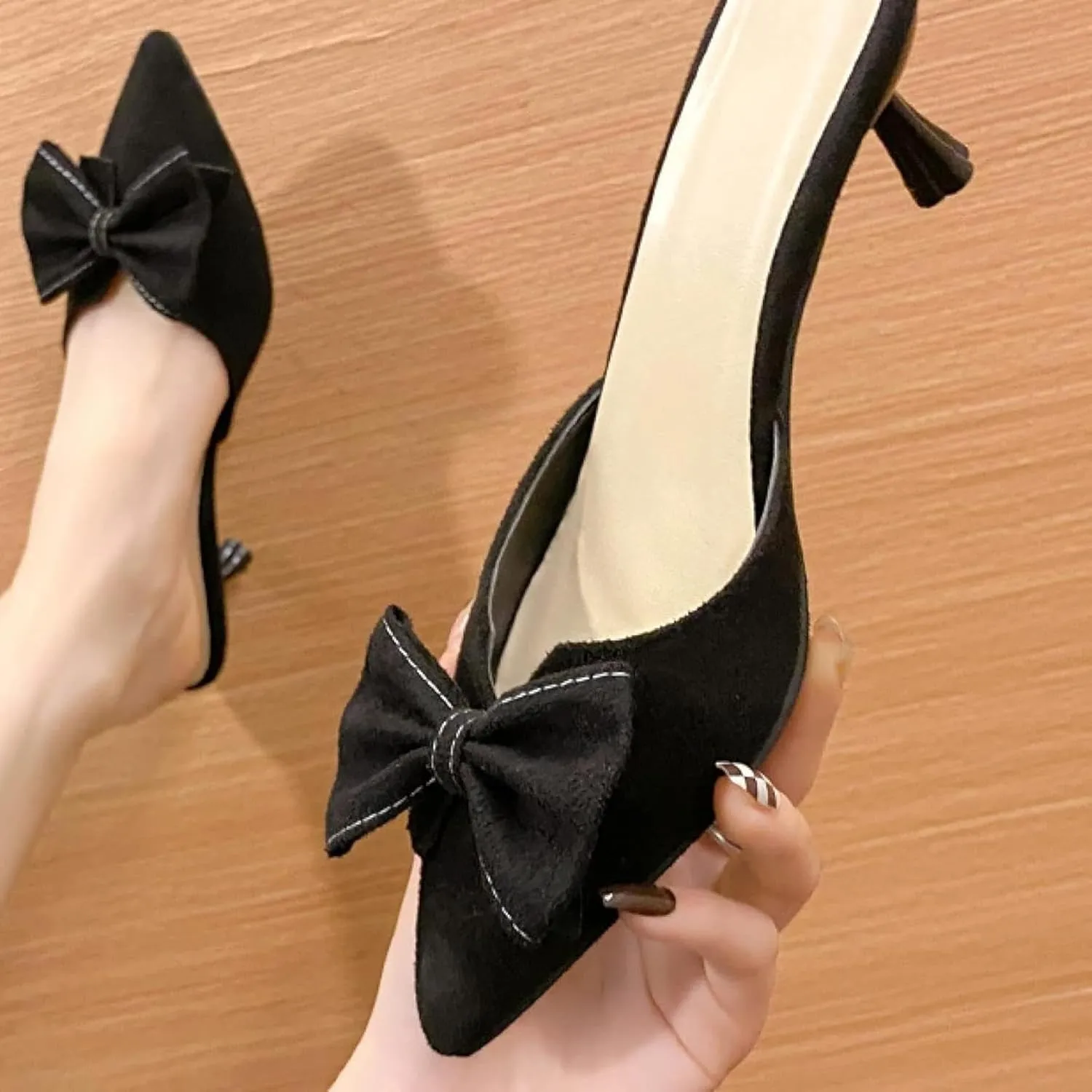 Women's Pointed Mule Sandals, Casual Bow, Kitten High Heels, Backless Outdoor Walking Slippers