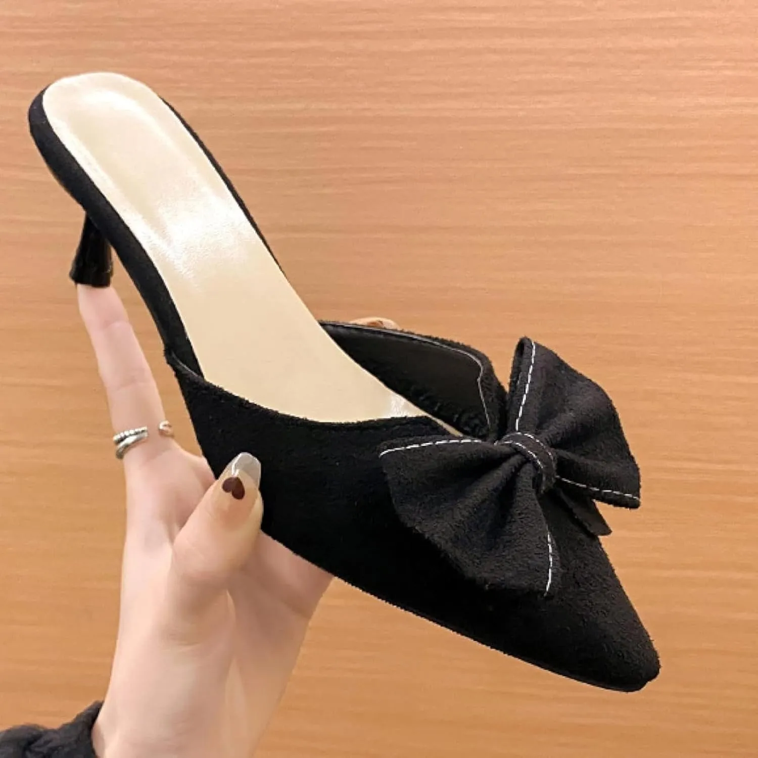 Women's Pointed Mule Sandals, Casual Bow, Kitten High Heels, Backless Outdoor Walking Slippers