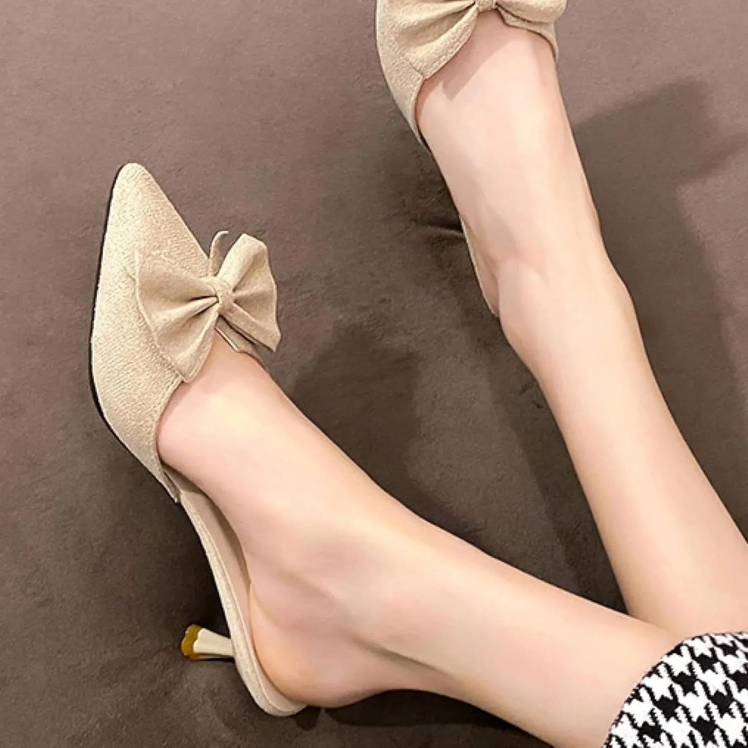 Women's Pointed Mule Sandals, Casual Bow, Kitten High Heels, Backless Outdoor Walking Slippers