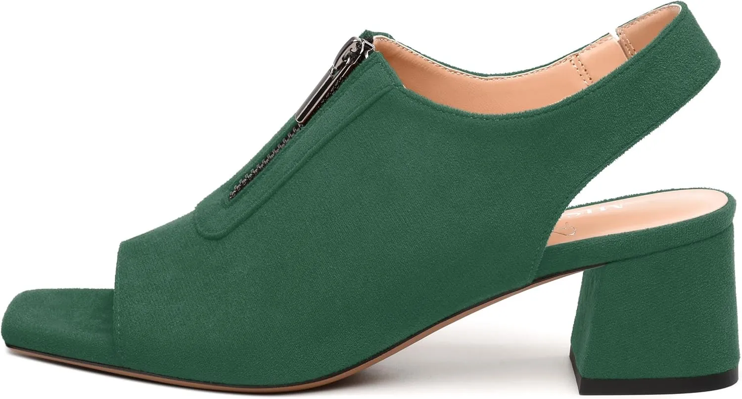 Womens Pumps, Square Peep Toe Block Heel Pumps for Women, Chunky Heel Open Toe Backless Pumps with Front Zipper 2
