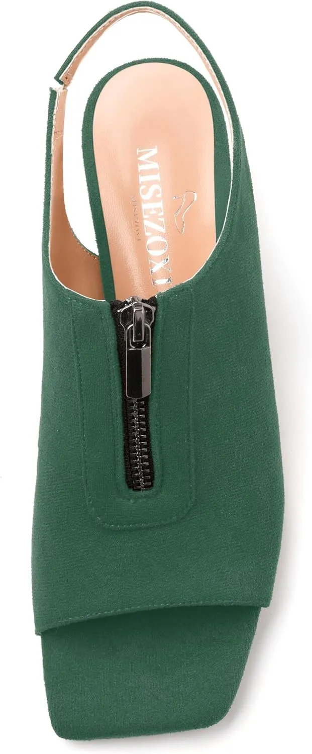 Womens Pumps, Square Peep Toe Block Heel Pumps for Women, Chunky Heel Open Toe Backless Pumps with Front Zipper 2