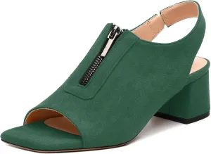 Womens Pumps, Square Peep Toe Block Heel Pumps for Women, Chunky Heel Open Toe Backless Pumps with Front Zipper 2