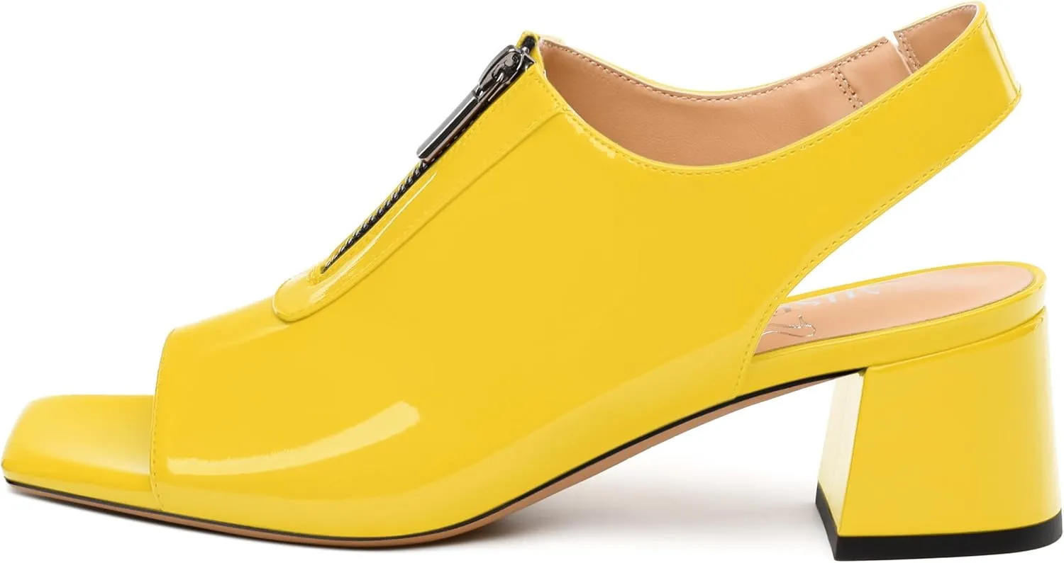 Womens Pumps, Square Peep Toe Mid Block Heel Slingback Pumps for Women, Open Toe Backless Pumps with Front Zipper 2