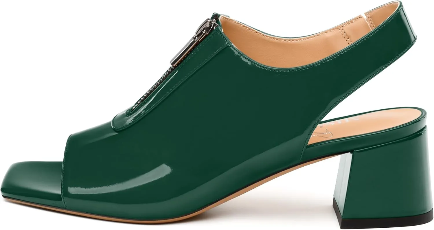 Womens Pumps, Square Peep Toe Mid Block Heel Slingback Pumps for Women, Open Toe Backless Pumps with Front Zipper 2