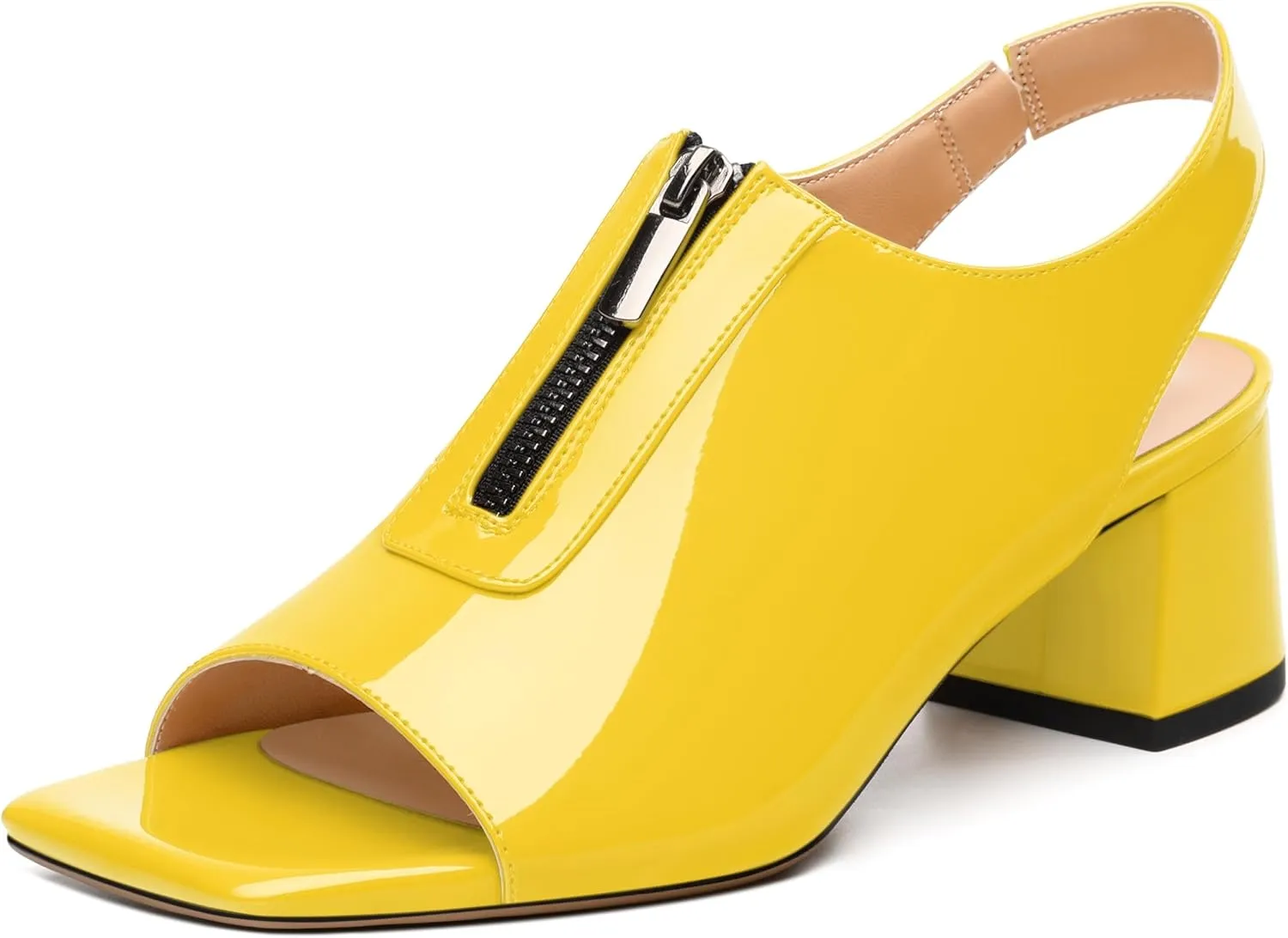 Womens Pumps, Square Peep Toe Mid Block Heel Slingback Pumps for Women, Open Toe Backless Pumps with Front Zipper 2