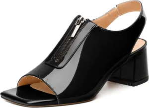 Womens Pumps, Square Peep Toe Mid Block Heel Slingback Pumps for Women, Open Toe Backless Pumps with Front Zipper 2